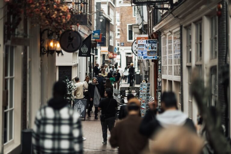 Calle comercial peatonal con locales, carteles y tráfico de personas caminando